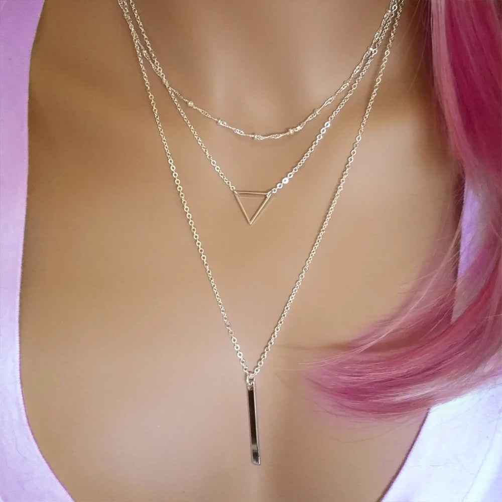 Collier 3 Rangs Superposables | Pendentifs Triangle & Barre en Or 18K - Cadeau Élégant pour Elle Necklace - KAWAII FAVIE