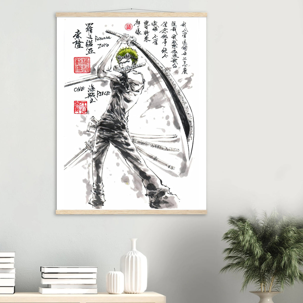 Roronoa Zoro Sumi-e Poster - Sabreur One Piece Avec Baguettes De Suspension POSTER CADRE- KAWAII FAVIE
