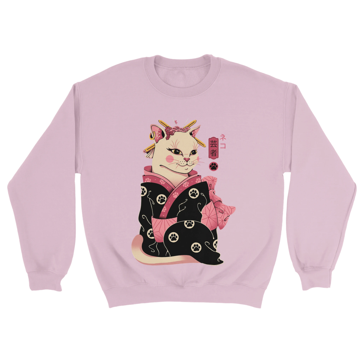 Sweat-shirt à Col Rond Femme Lavande | Chat Geisha en Kimono - Design Japonais Sweat-shirt - KAWAII FAVIE