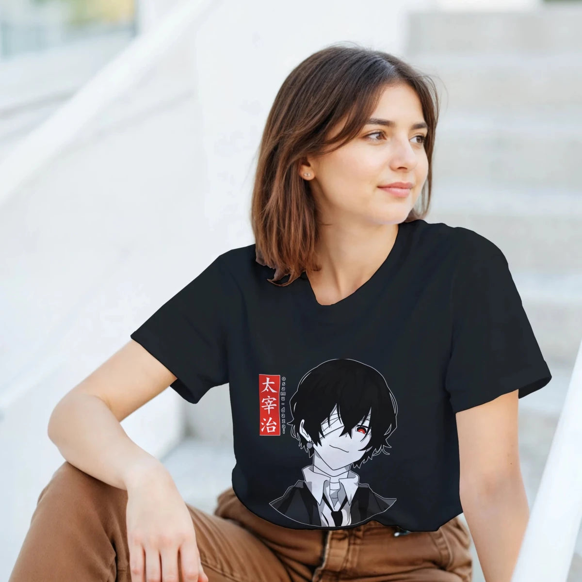 T-shirt 100% Coton Noir - Dazai Osamu (Bungo Stray Dogs) Style Anime Red Eyes T-shirt - KAWAII FAVIE