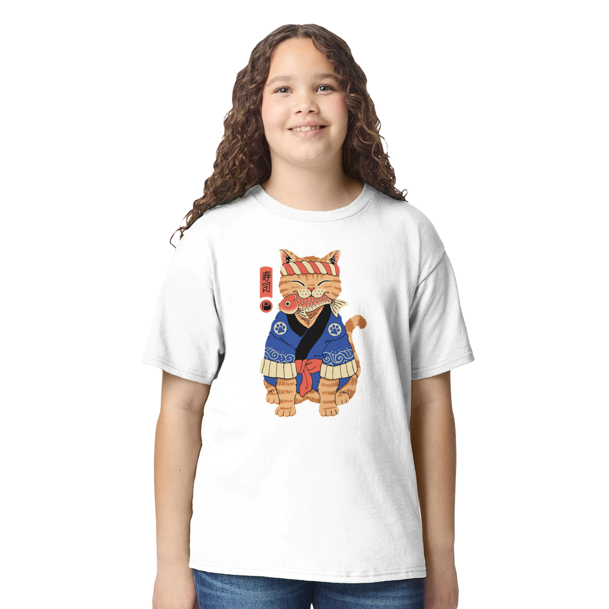 T-shirt Enfant à Col Rond | Chat en Kimono avec Motif Japonais T-shirt - KAWAII FAVIE