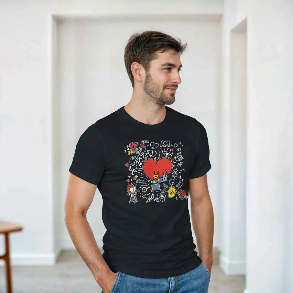 T-shirt Kpop BTS BT21 TATA et Friends, le Cœur Farceur | Style Fun K-Pop - Unisexe