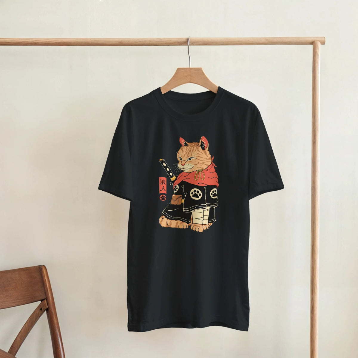 T-shirt Unisexe Coton Lourd | Chat Samouraï en Kimono - Style Japonais T-shirt - KAWAII FAVIE