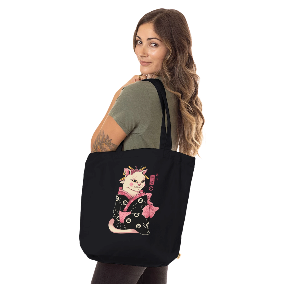 Tote Bag Biologique 100% Coton | Chat Geisha en Kimono - Art & Style Japonais Tote Bag - KAWAII FAVIE