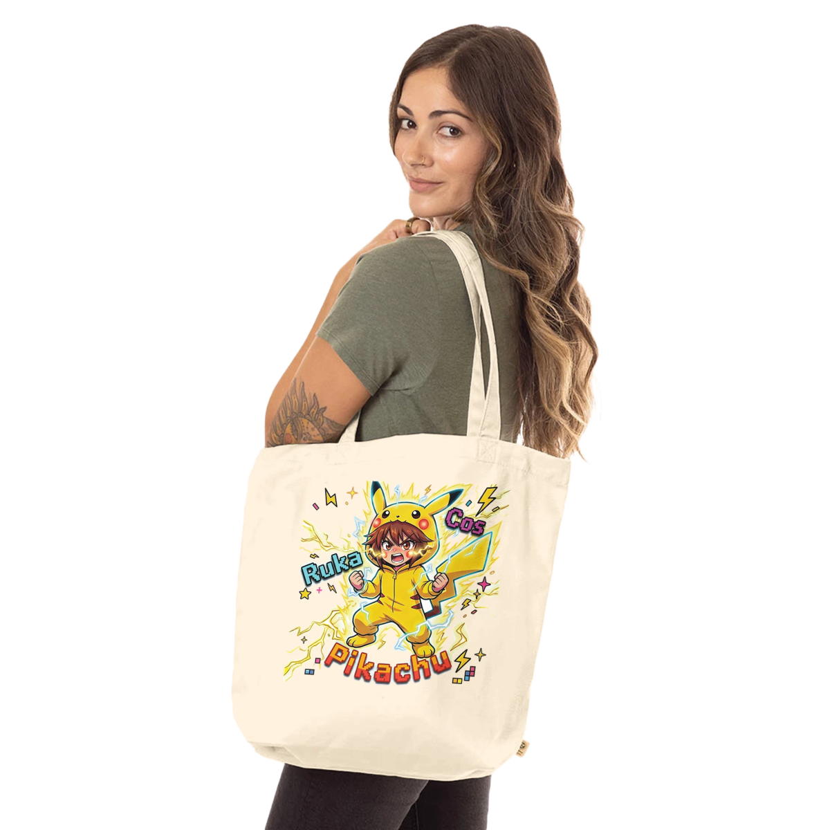 Tote Bag Biologique - Ruka en Pikachu Full Power | Pokémon - Coton Bio 100% Tote Bag - KAWAII FAVIE