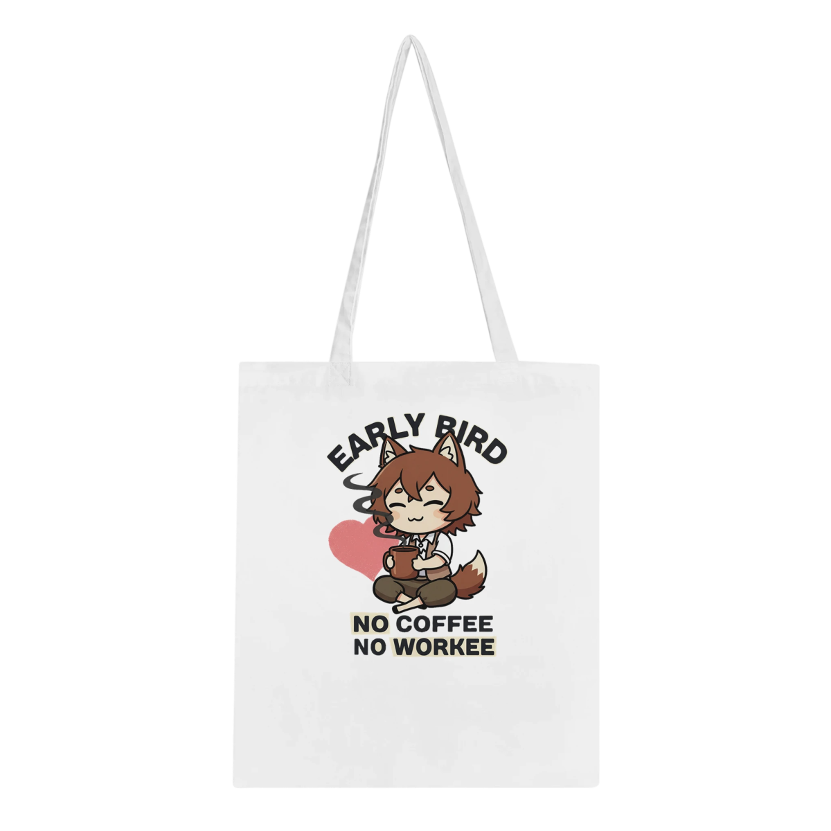 Tote Bag en Coton "Ruka avec Café" - Message Early Bird No Coffee No Workee Tote Bag - KAWAII FAVIE
