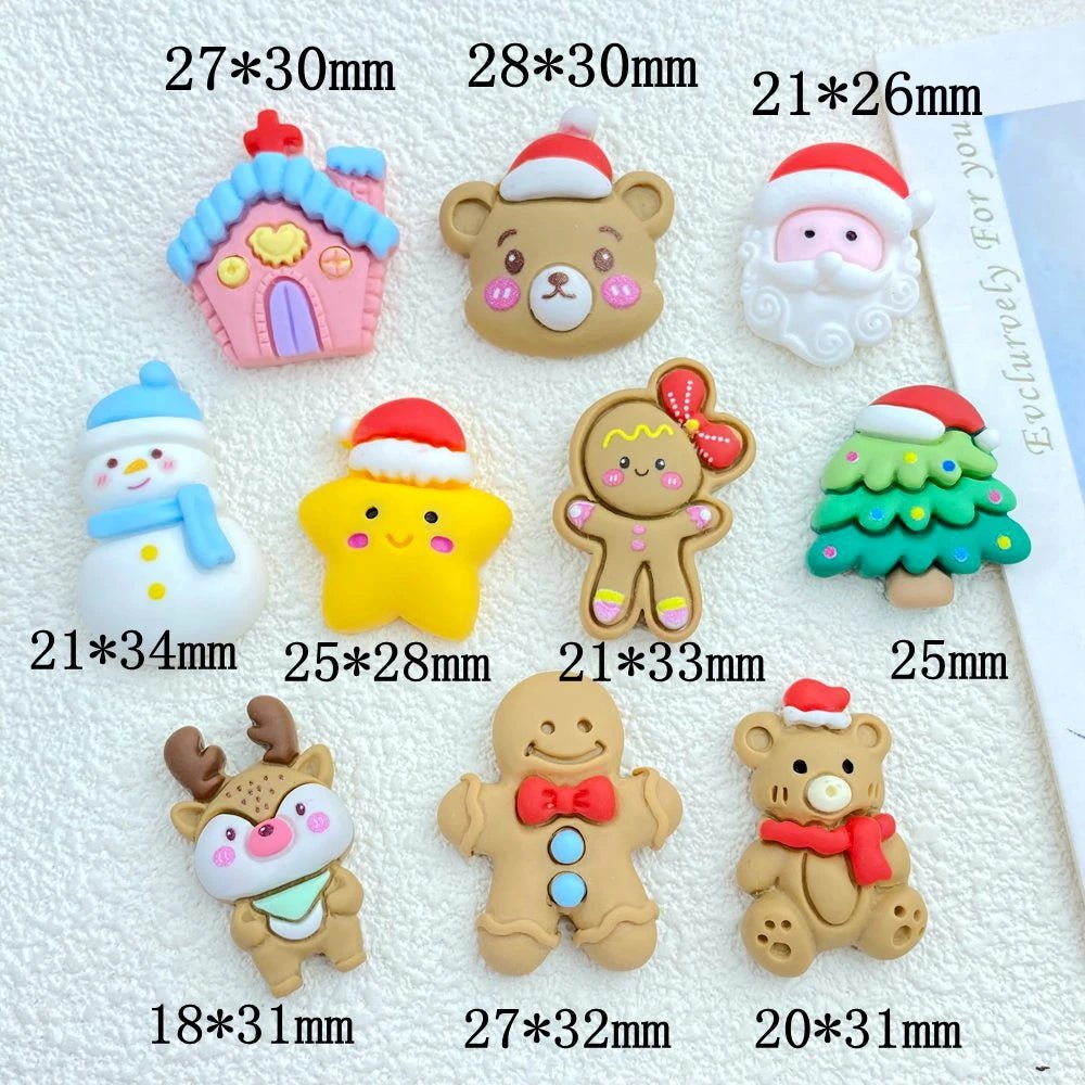 10 Ornements en Résine de Noël | Collection Cartoon (Bonhomme de Neige, Père Noël) - Dos Plat pour Barrettes Cheveux, DIY Charms - KAWAII FAVIE