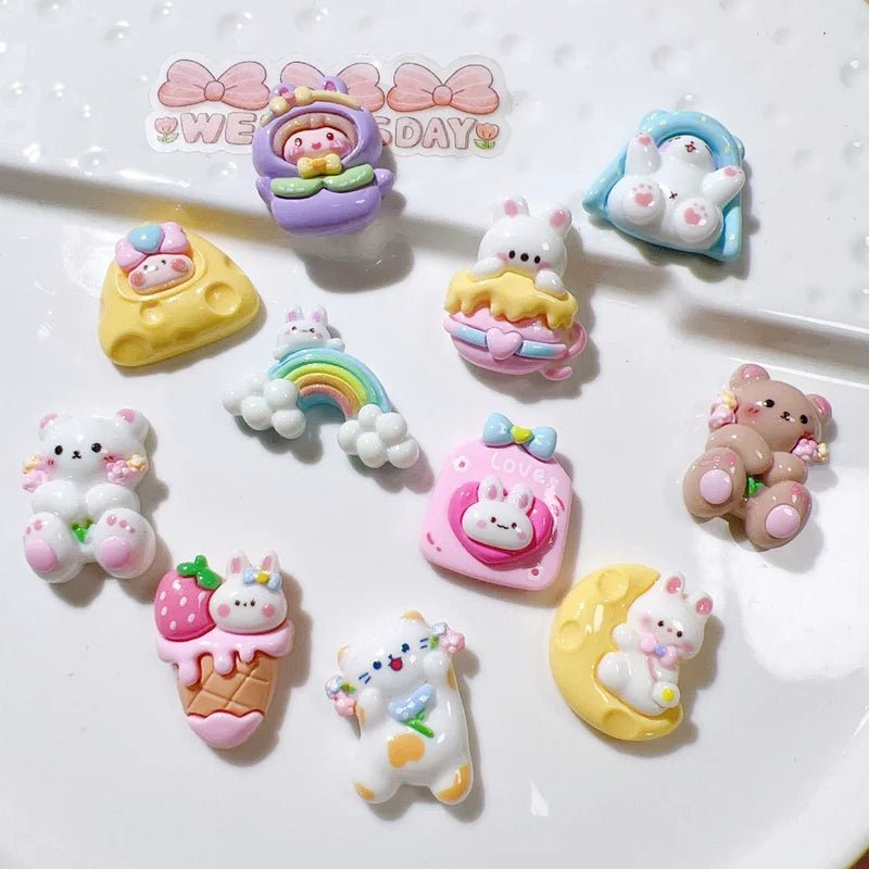 10 Pièces Mini Lapin Ours en Résine | Série Arc - en - Ciel Gâteau - Décorations à Dos Plat pour Manucure, Barrettes KAWAHIP Charms - KAWAII FAVIE
