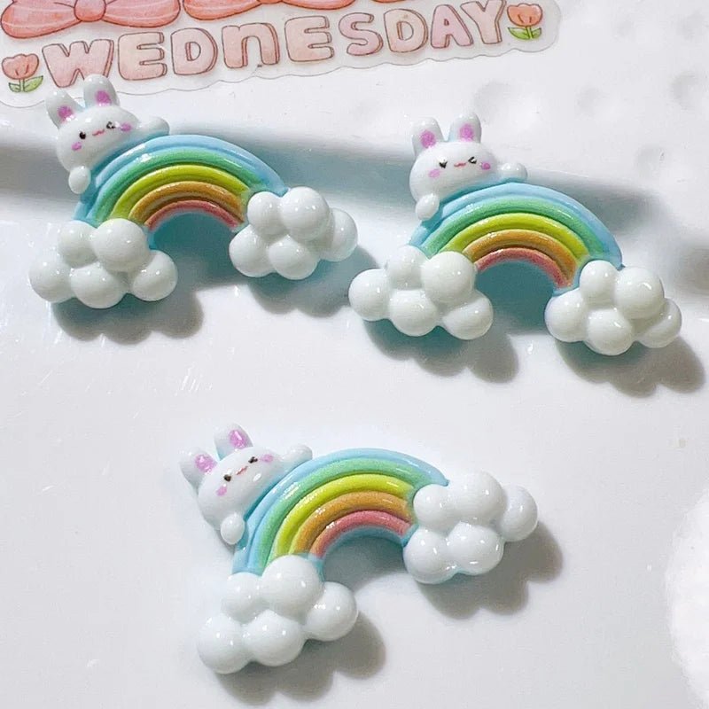 10 Pièces Mini Lapin Ours en Résine | Série Arc - en - Ciel Gâteau - Décorations à Dos Plat pour Manucure, Barrettes KAWAHIP Charms - KAWAII FAVIE