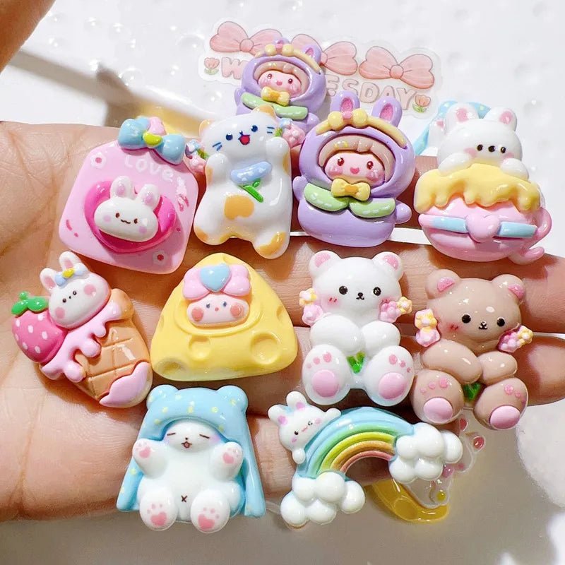 10 Pièces Mini Lapin Ours en Résine | Série Arc - en - Ciel Gâteau - Décorations à Dos Plat pour Manucure, Barrettes KAWAHIP Charms - KAWAII FAVIE
