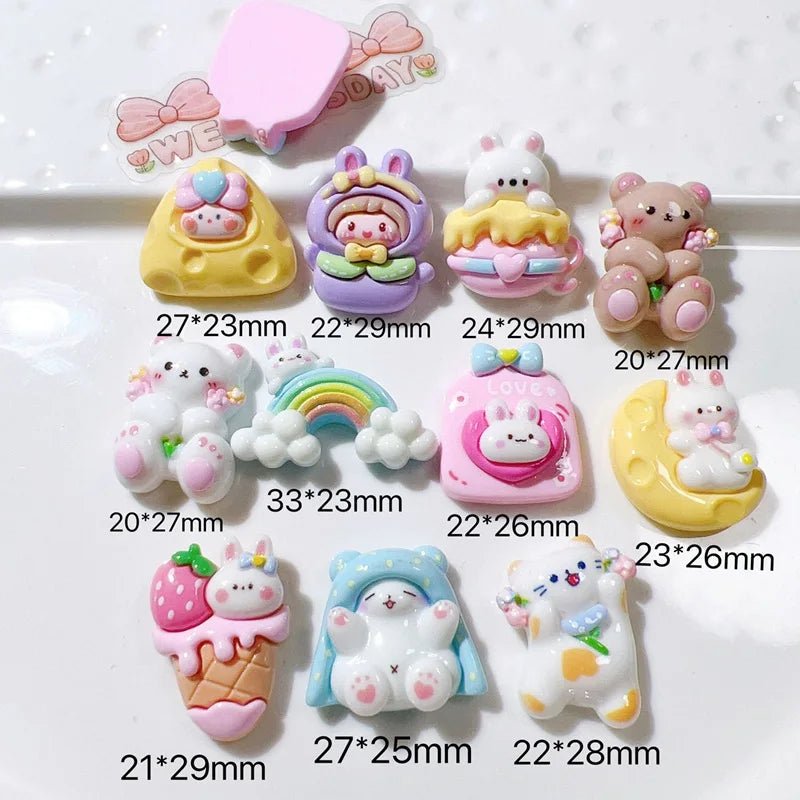10 Pièces Mini Lapin Ours en Résine | Série Arc - en - Ciel Gâteau - Décorations à Dos Plat pour Manucure, Barrettes KAWAHIP Charms - KAWAII FAVIE