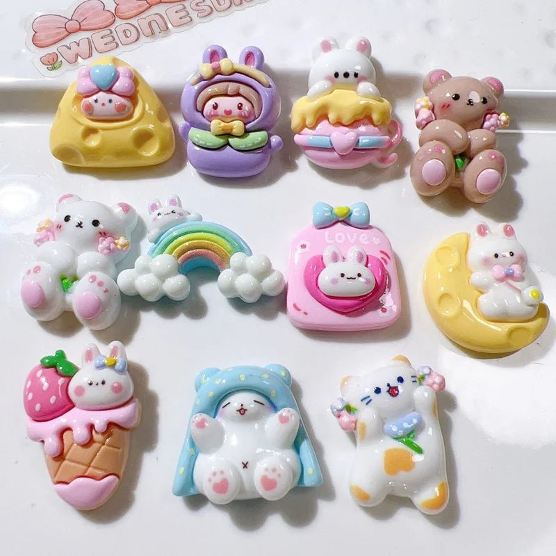10 Pièces Mini Lapin Ours en Résine | Série Arc - en - Ciel Gâteau - Décorations à Dos Plat pour Manucure, Barrettes KAWAHIP Charms - KAWAII FAVIE