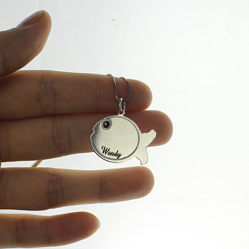 Collier Pendentif Poisson en Argent Sterling 925 | Gravure Nom & Pierre de Naissance