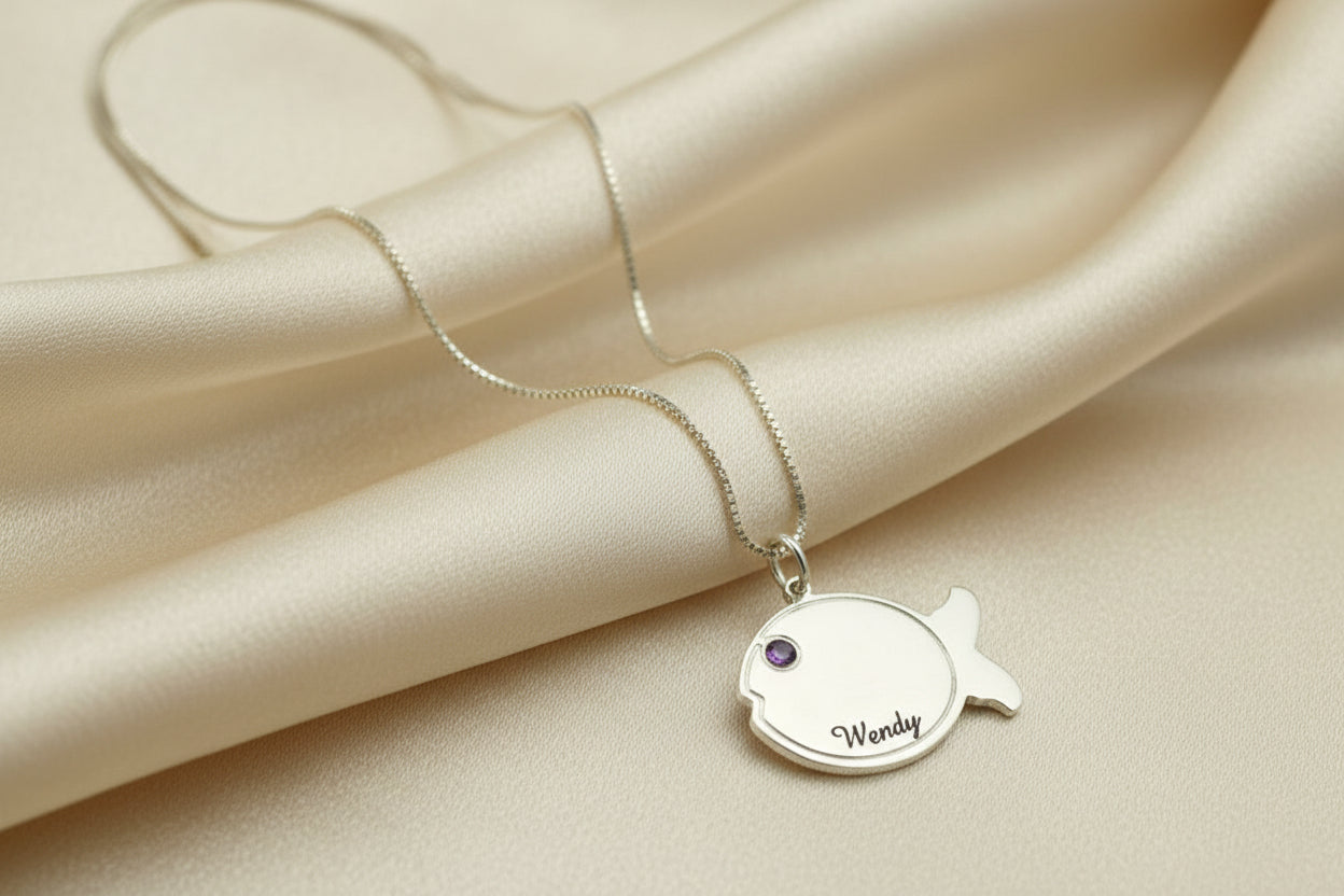 Collier Pendentif Poisson en Argent Sterling 925 | Gravure Nom & Pierre de Naissance
