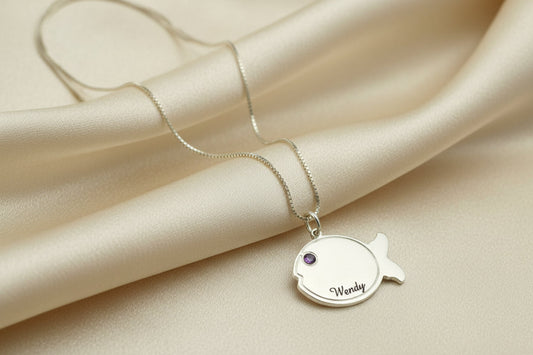 Collier Pendentif Poisson en Argent Sterling 925 | Gravure Nom & Pierre de Naissance