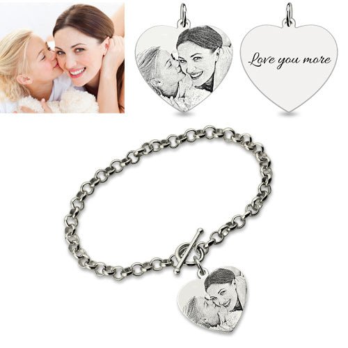 Bracelet Cœur Photo Personnalisable en Argent Sterling 925 | Pendentif Gravure Photo & Message - Cadeau d'Amour Unique Bracelet - KAWAII FAVIE