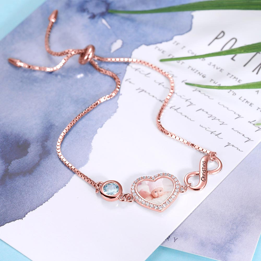 Bracelet Cœur Photo Personnalisé en Argent 925 | Pierre de Naissance & Symbole Infini - Cadeau Unique Or Rose Bracelet - KAWAII FAVIE