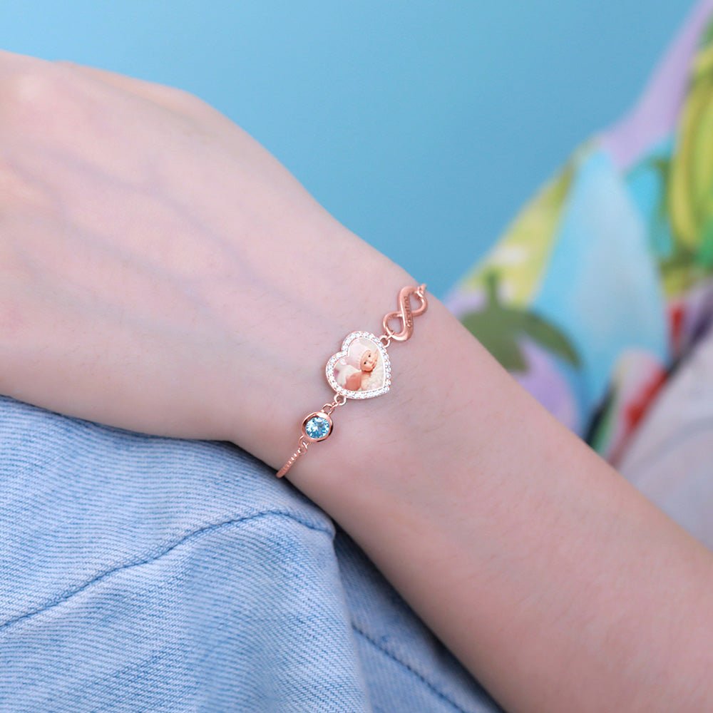 Bracelet Cœur Photo Personnalisé en Argent 925 | Pierre de Naissance & Symbole Infini - Cadeau Unique Or Rose Bracelet - KAWAII FAVIE