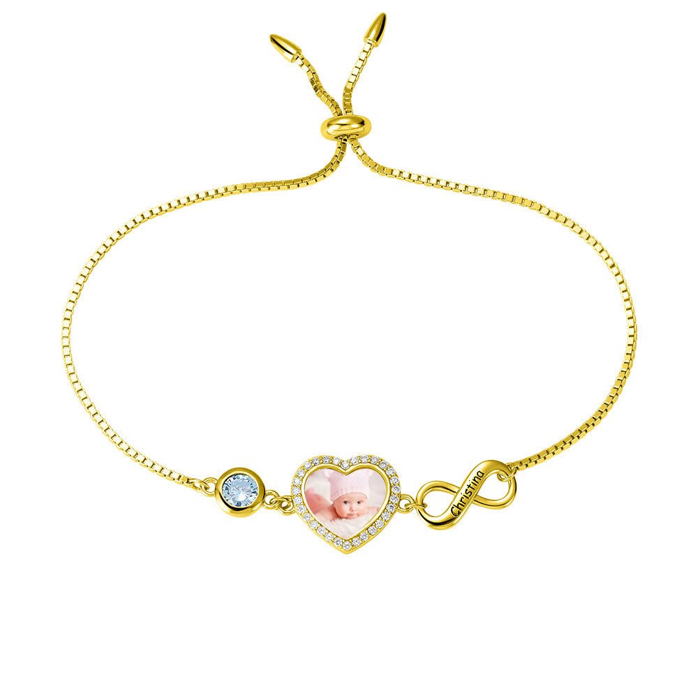 Bracelet Cœur Photo Personnalisé en Argent 925 | Pierre de Naissance & Symbole Infini - Cadeau Unique Or Rose Bracelet - KAWAII FAVIE