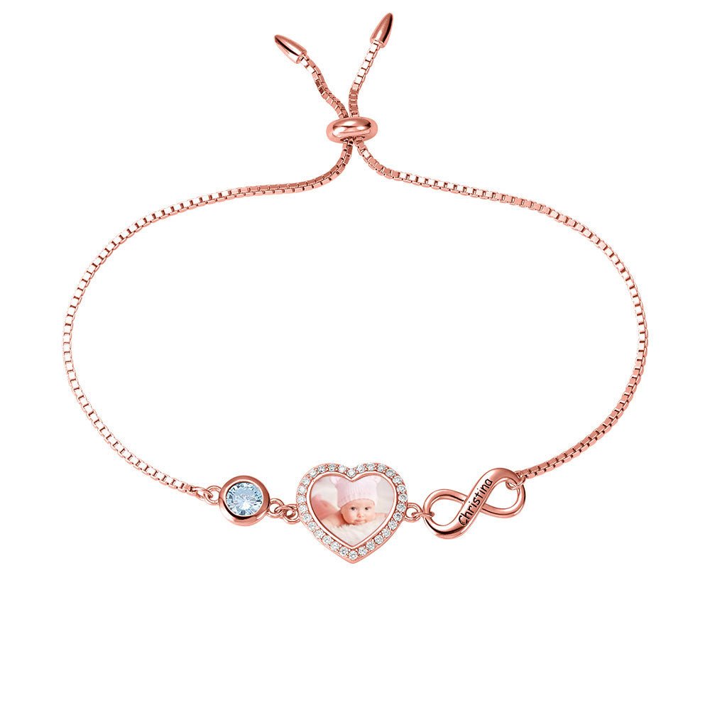 Bracelet Cœur Photo Personnalisé en Argent 925 | Pierre de Naissance & Symbole Infini - Cadeau Unique Or Rose Bracelet - KAWAII FAVIE