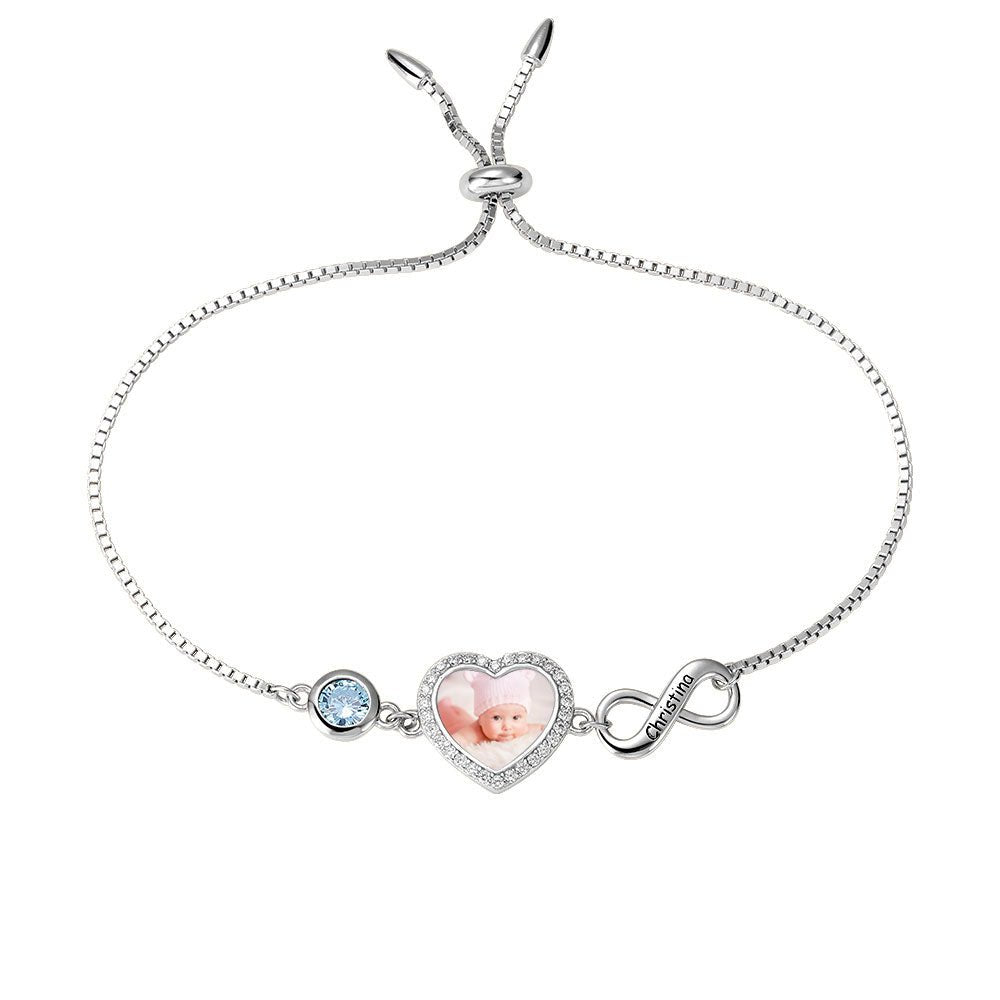 Bracelet Cœur Photo Personnalisé en Argent 925 | Pierre de Naissance & Symbole Infini - Cadeau Unique Or Rose Bracelet - KAWAII FAVIE