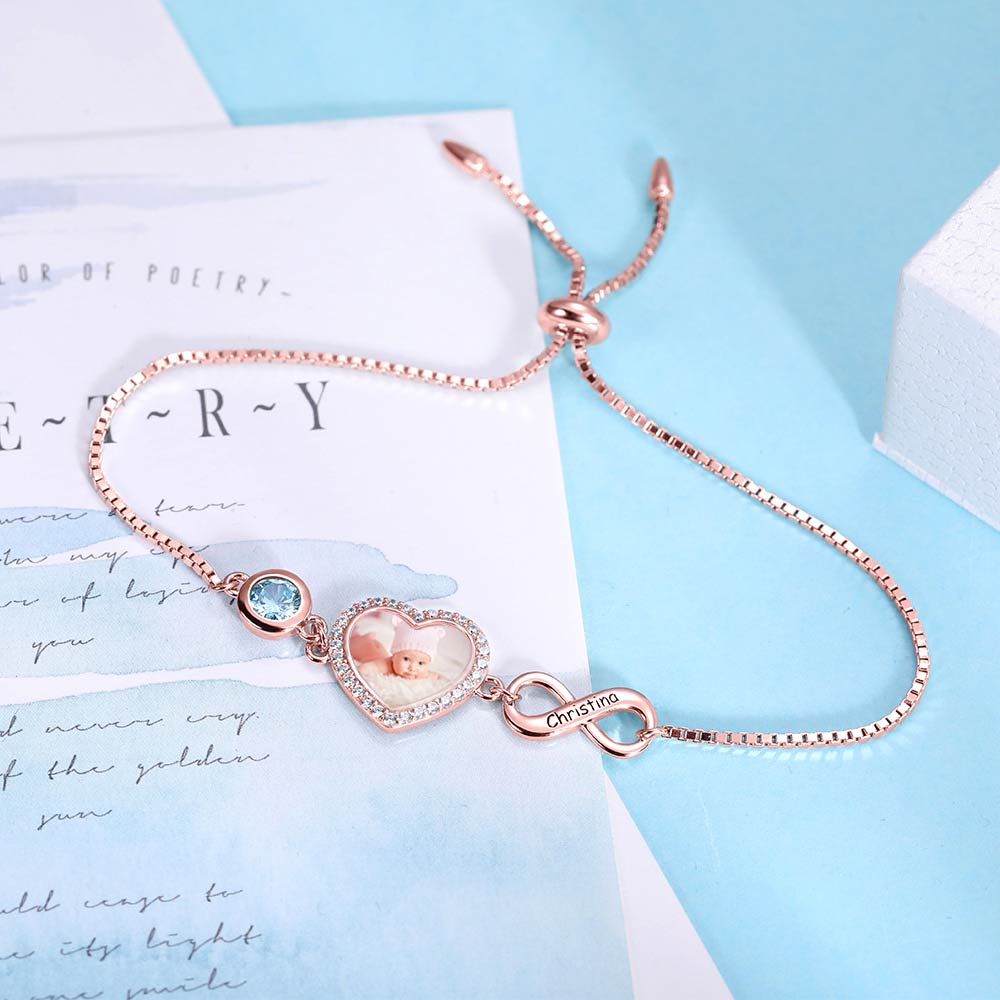 Bracelet Cœur Photo Personnalisé en Argent 925 | Pierre de Naissance & Symbole Infini - Cadeau Unique Or Rose Bracelet - KAWAII FAVIE