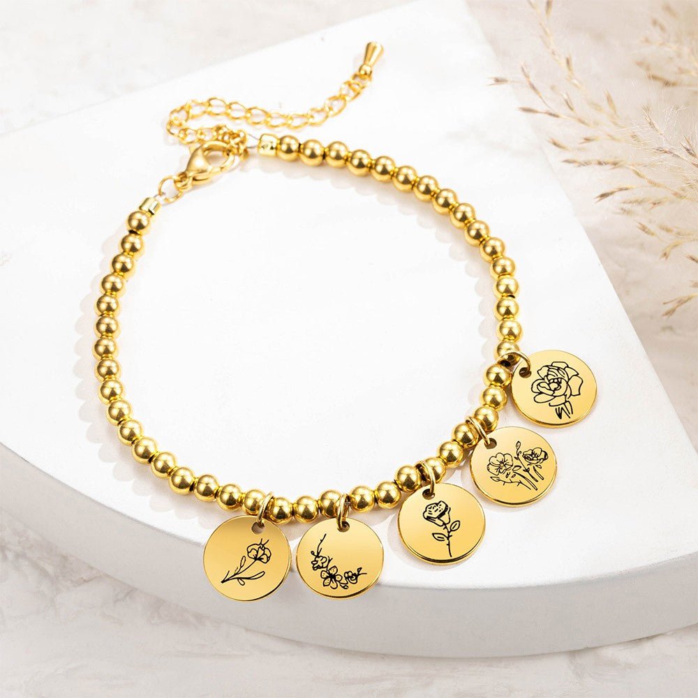 Bracelet de Naissance Personnalisé 1 à 8 Charmes Floraux | Cadeau pour Maman, Grand - mère, Épouse Bracelet - KAWAII FAVIE