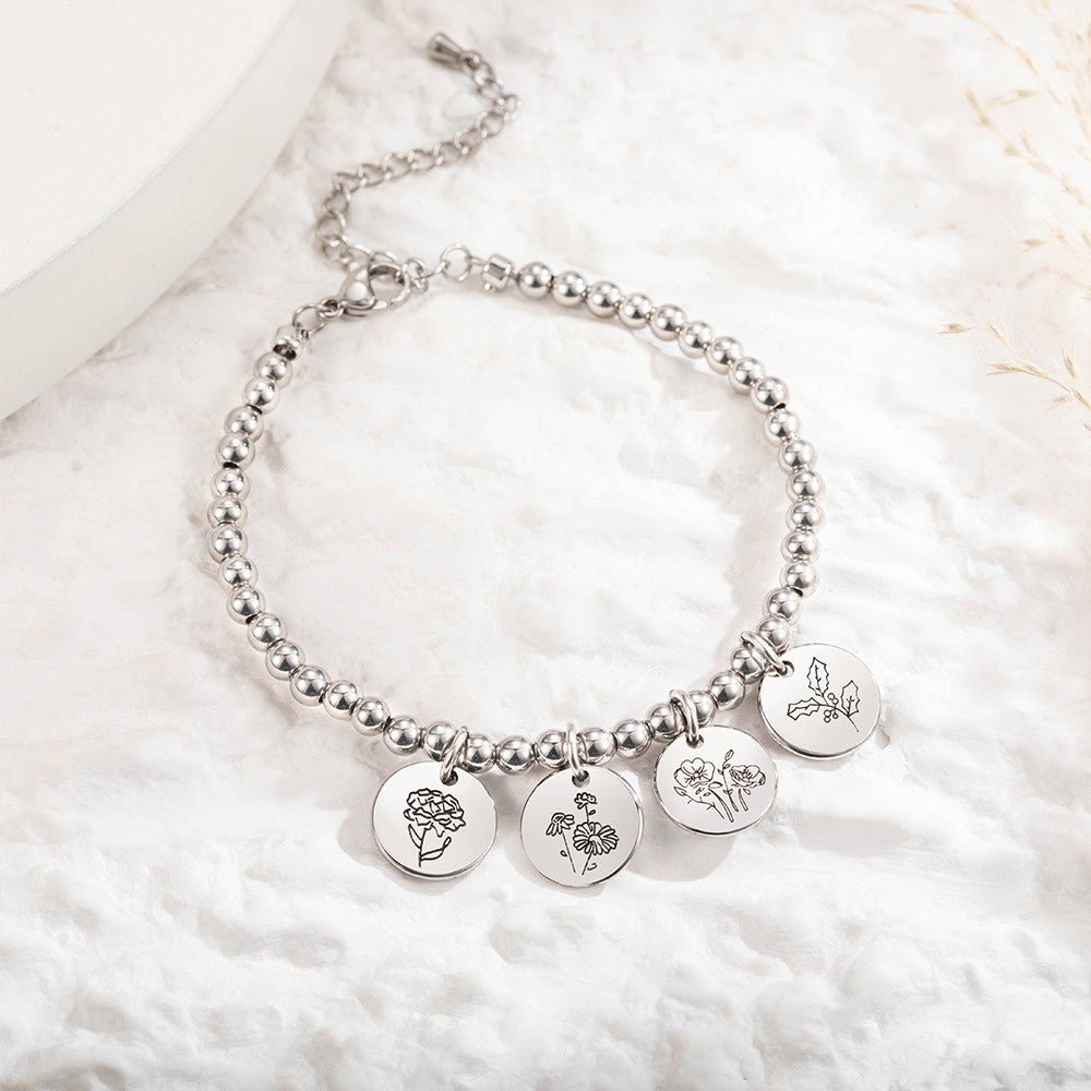 Bracelet de Naissance Personnalisé 1 à 8 Charmes Floraux | Cadeau pour Maman, Grand - mère, Épouse Bracelet - KAWAII FAVIE