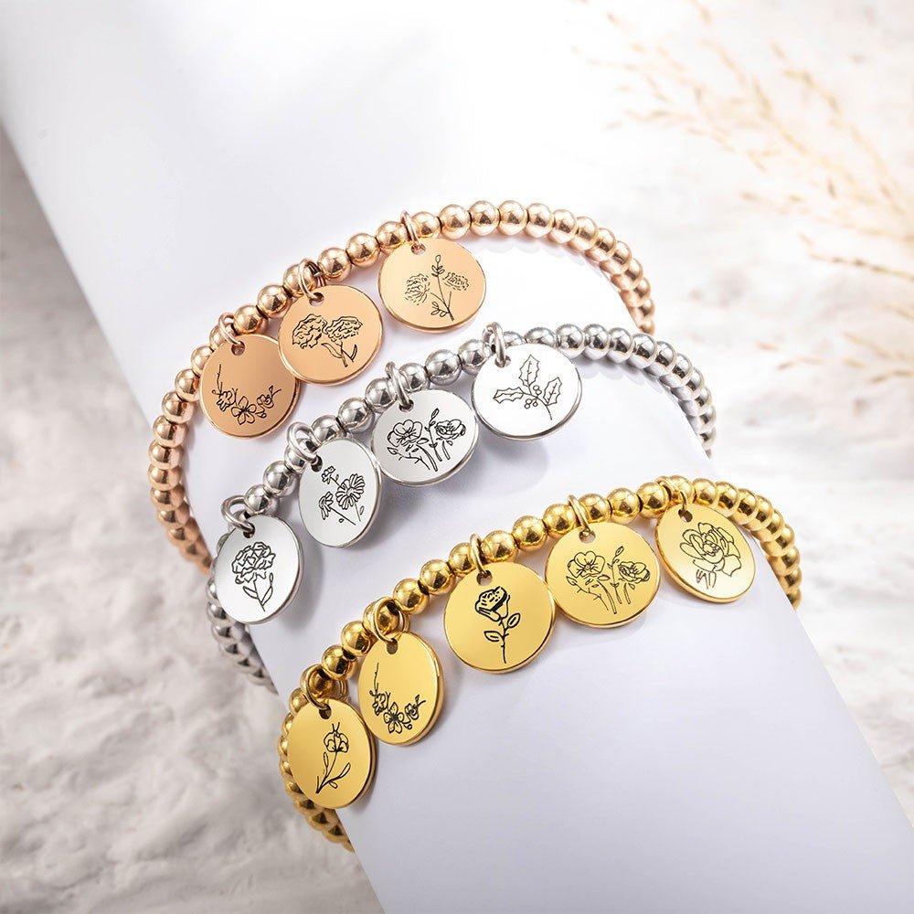 Bracelet de Naissance Personnalisé 1 à 8 Charmes Floraux | Cadeau pour Maman, Grand - mère, Épouse Bracelet - KAWAII FAVIE