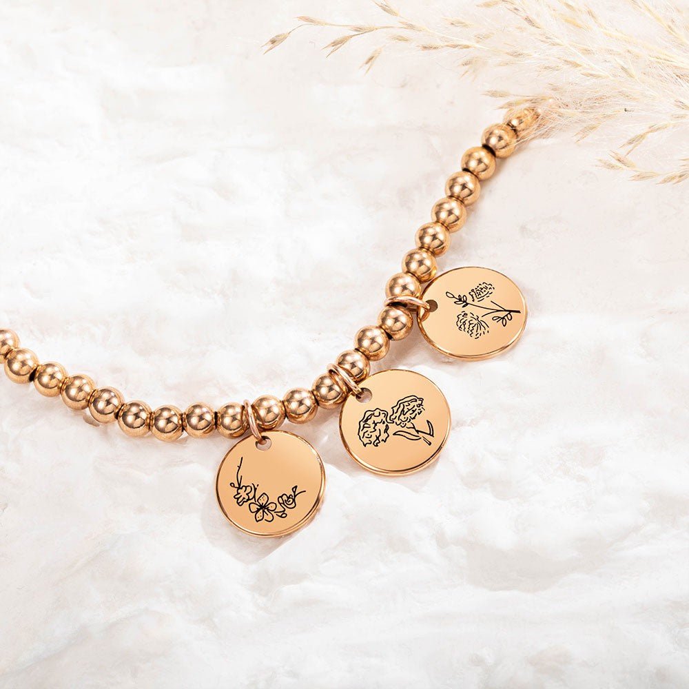 Bracelet de Naissance Personnalisé 1 à 8 Charmes Floraux | Cadeau pour Maman, Grand - mère, Épouse Bracelet - KAWAII FAVIE
