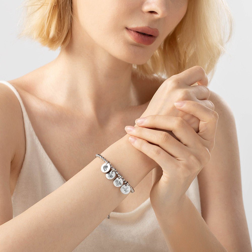 Bracelet de Naissance Personnalisé 1 à 8 Charmes Floraux | Cadeau pour Maman, Grand - mère, Épouse Bracelet - KAWAII FAVIE