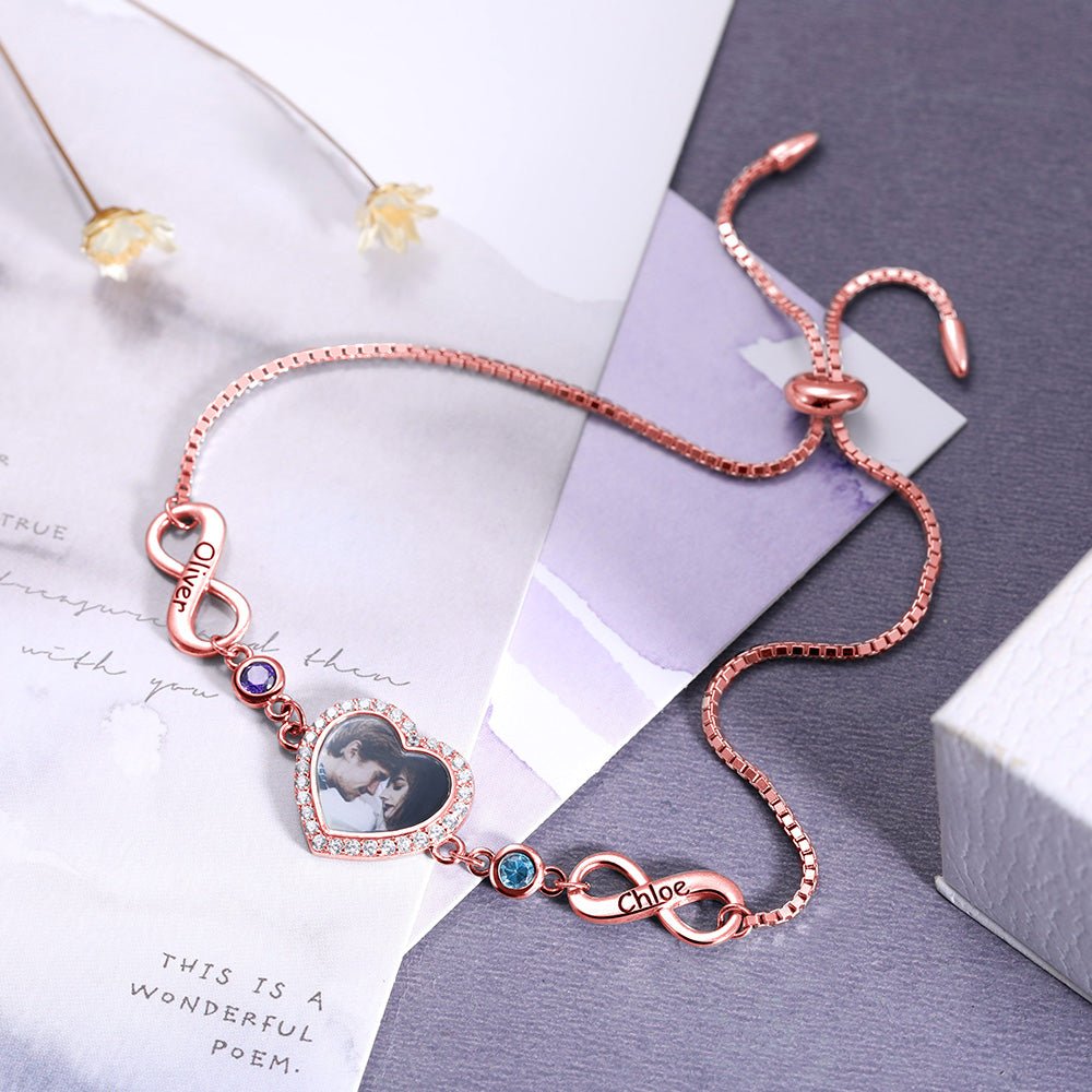 Bracelet Infini Cœur Photo en Argent 925 Personnalisé | 2 Pierres de Naissance & Gravure - Cadeau d'Amour Bracelet - KAWAII FAVIE