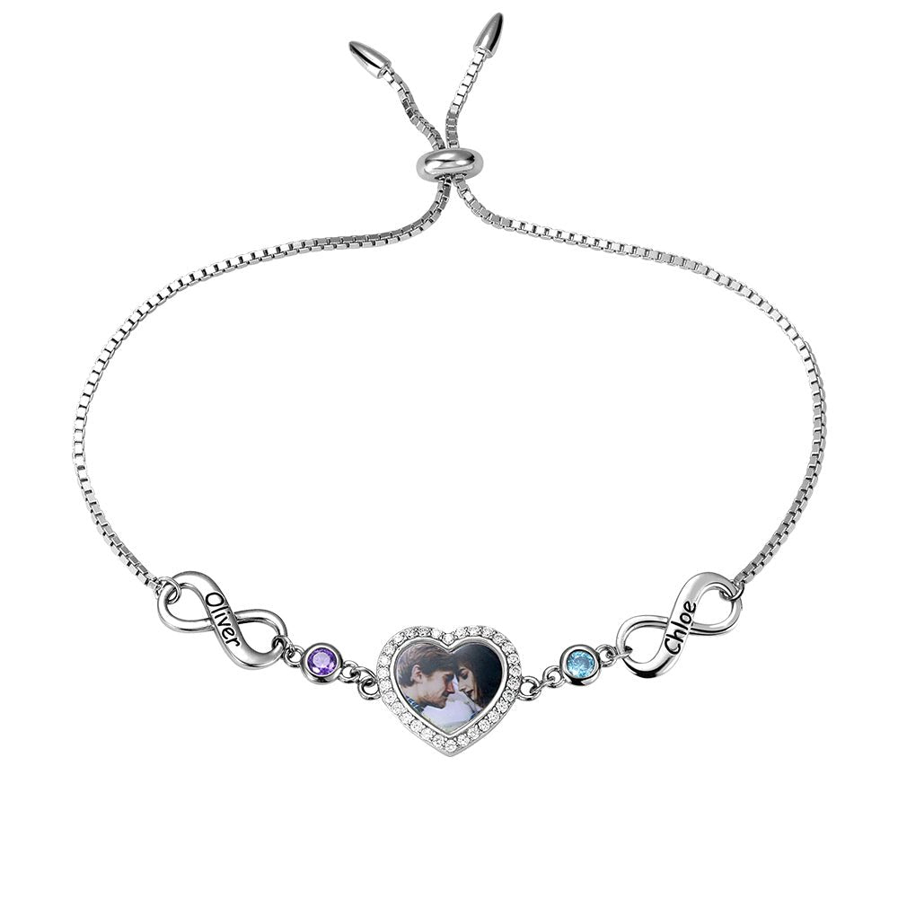 Bracelet Infini Cœur Photo en Argent 925 Personnalisé | 2 Pierres de Naissance & Gravure - Cadeau d'Amour Bracelet - KAWAII FAVIE