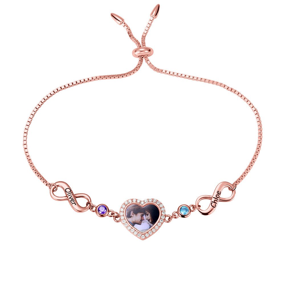 Bracelet Infini Cœur Photo en Argent 925 Personnalisé | 2 Pierres de Naissance & Gravure - Cadeau d'Amour Bracelet - KAWAII FAVIE
