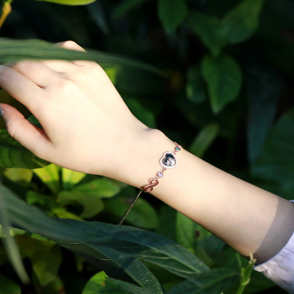 Bracelet Infini Cœur Photo en Argent 925 Personnalisé | 2 Pierres de Naissance & Gravure - Cadeau d'Amour Bracelet - KAWAII FAVIE