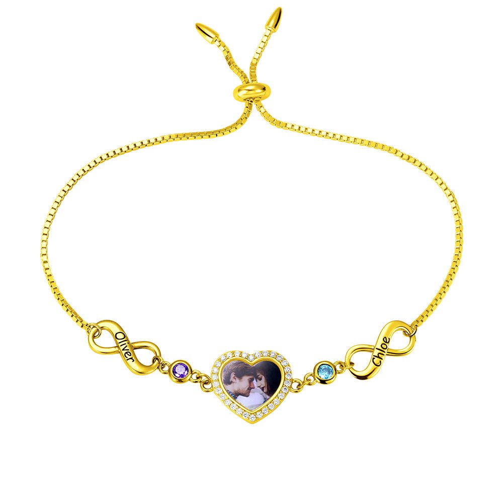 Bracelet Infini Cœur Photo en Argent 925 Personnalisé | 2 Pierres de Naissance & Gravure - Cadeau d'Amour Bracelet - KAWAII FAVIE