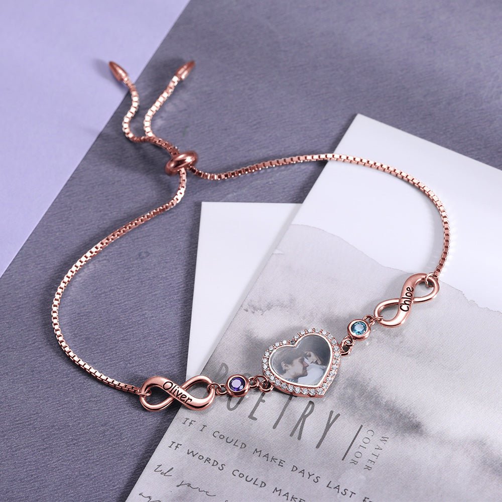 Bracelet Infini Cœur Photo en Argent 925 Personnalisé | 2 Pierres de Naissance & Gravure - Cadeau d'Amour Bracelet - KAWAII FAVIE