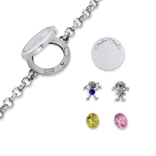 Bracelet Médaillon Flottant « Mes Enfants » | Charmes & 2 Pierres de Naissance - Acier Inoxydable & Argent 925 Bracelet - KAWAII FAVIE