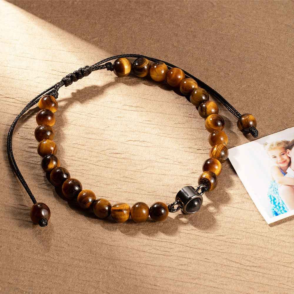 Bracelet Oeil de Tigre avec Photo Projetée Personnalisable | Pour Homme - Cadeau d'Anniversaire, Père ou Mariage Bracelet - KAWAII FAVIE