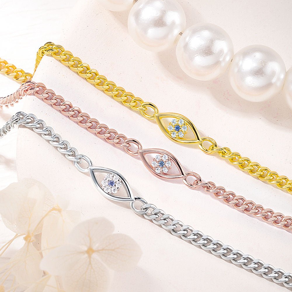 Bracelet « Œil Protecteur » Chaîne Cubain | Laiton Plaqué Or/Rose/Argent - Cadeau Élégant pour Femme & Demoiselle d'Honneur Bracelet - KAWAII FAVIE