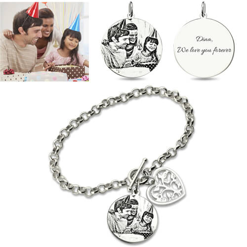 Bracelet pour Maman avec Photo Gravée en Argent Sterling 925 | Cadeau Personnalisé Mémoire d'Amour Bracelet - KAWAII FAVIE