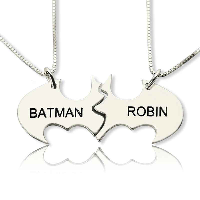 Collier Batman & Robin pour Meilleurs Amis | 2 Noms Gravés en Argent Sterling 925 - Cadeau de Fan Unique Necklace - KAWAII FAVIE