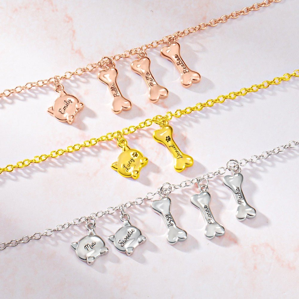 Collier & Bracelet « Mes Compagnons » en Argent Sterling 925 | Personnalisable avec Nom & Charmes Os/Chat - Cadeau Unique pour les Amoureux des Chiens et Chats Bracelet - KAWAII FAVIE