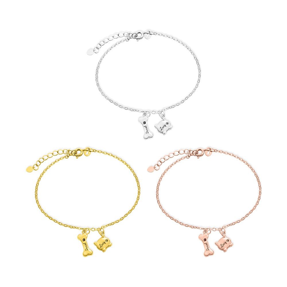 Collier & Bracelet « Mes Compagnons » en Argent Sterling 925 | Personnalisable avec Nom & Charmes Os/Chat - Cadeau Unique pour les Amoureux des Chiens et Chats Bracelet - KAWAII FAVIE