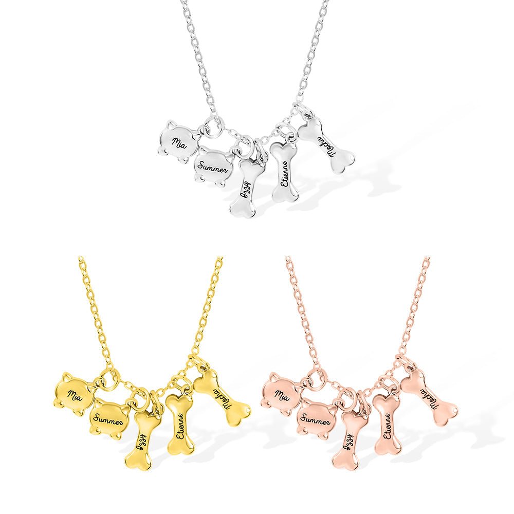 Collier & Bracelet « Mes Compagnons » en Argent Sterling 925 | Personnalisable avec Nom & Charmes Os/Chat - Cadeau Unique pour les Amoureux des Chiens et Chats Bracelet - KAWAII FAVIE