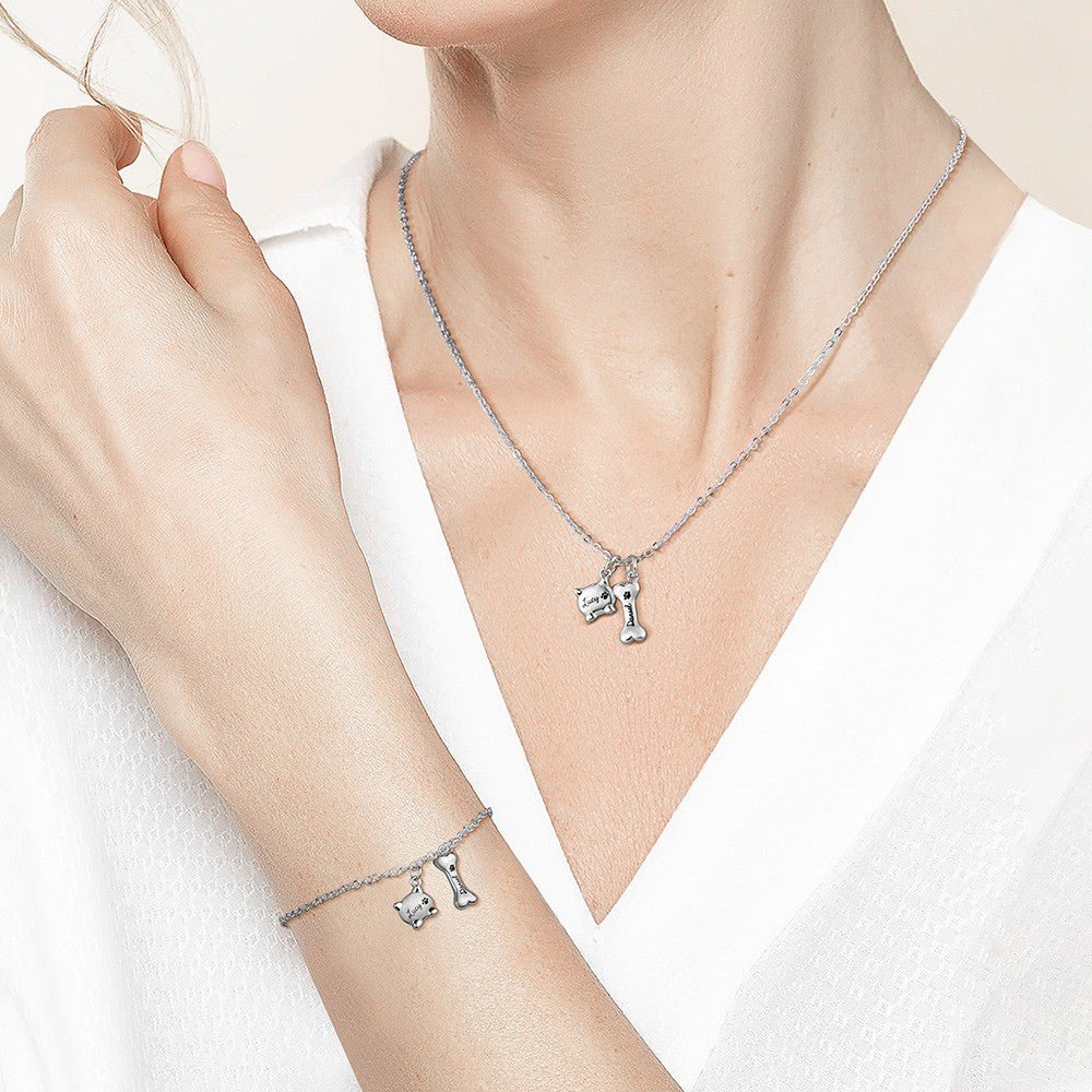 Collier & Bracelet « Mes Compagnons » en Argent Sterling 925 | Personnalisable avec Nom & Charmes Os/Chat - Cadeau Unique pour les Amoureux des Chiens et Chats Bracelet - KAWAII FAVIE