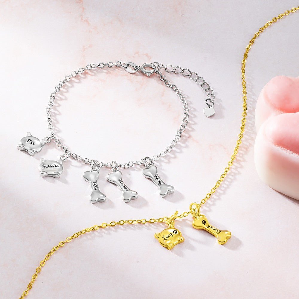 Collier & Bracelet « Mes Compagnons » en Argent Sterling 925 | Personnalisable avec Nom & Charmes Os/Chat - Cadeau Unique pour les Amoureux des Chiens et Chats Bracelet - KAWAII FAVIE