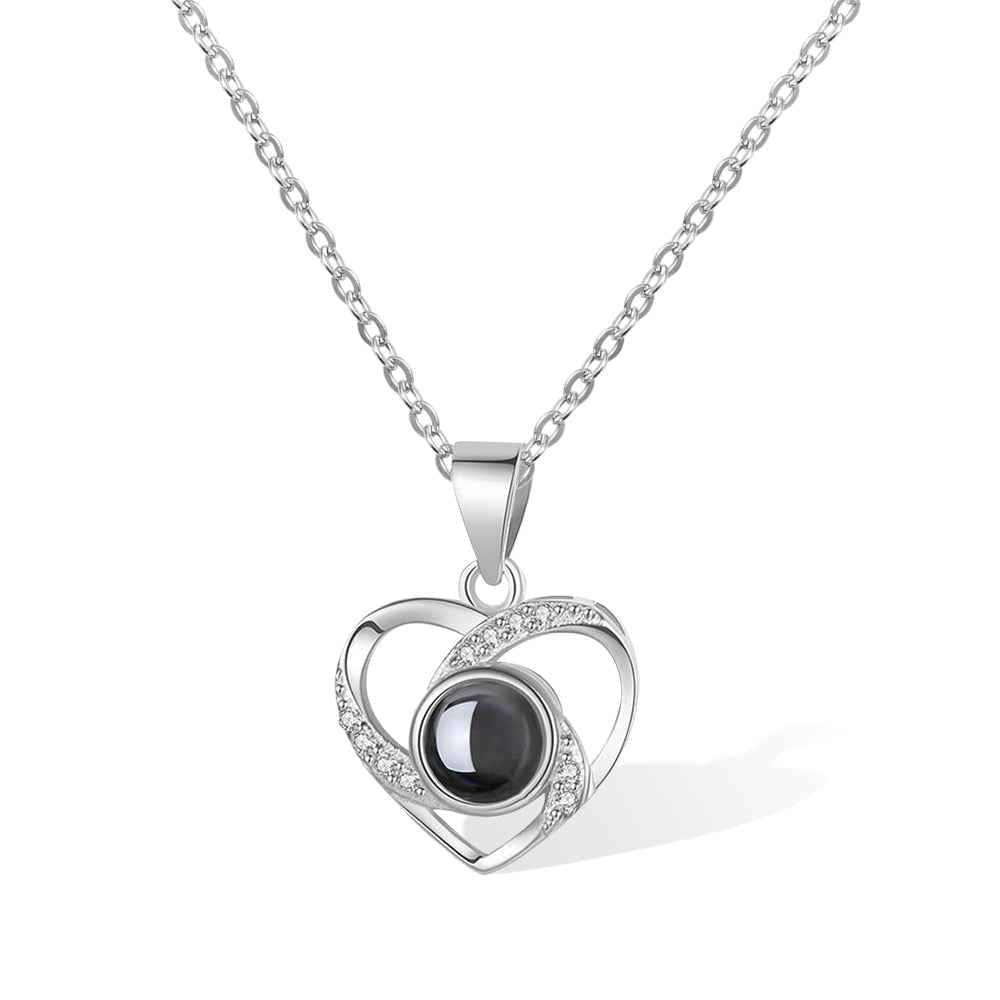 Collier Cœur Projection Photo en Argent 925 | Gravure Photo & Message d'Amour en 100 Langues - Cadeau Magique Necklace - KAWAII FAVIE