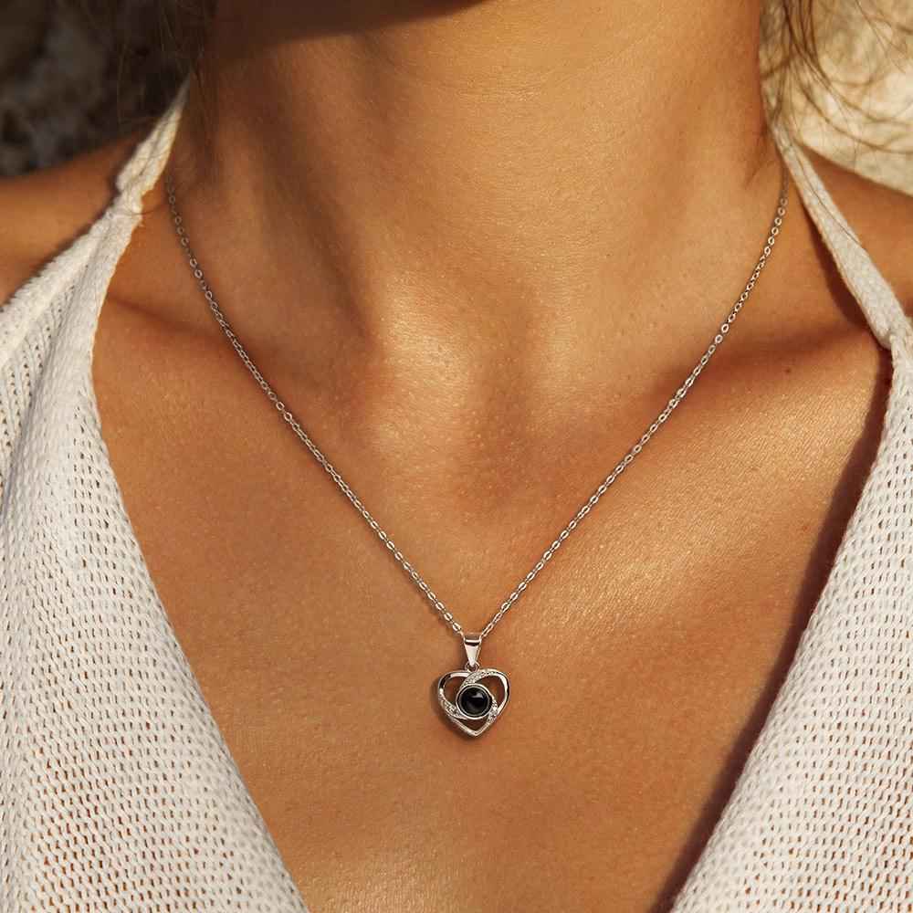 Collier Cœur Projection Photo en Argent 925 | Message d'Amour en 100 Langues - Cadeau Magique Necklace - KAWAII FAVIE