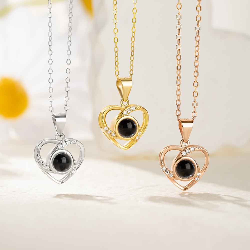 Collier Cœur Projection Photo en Argent 925 | Message d'Amour en 100 Langues - Cadeau Magique Necklace - KAWAII FAVIE